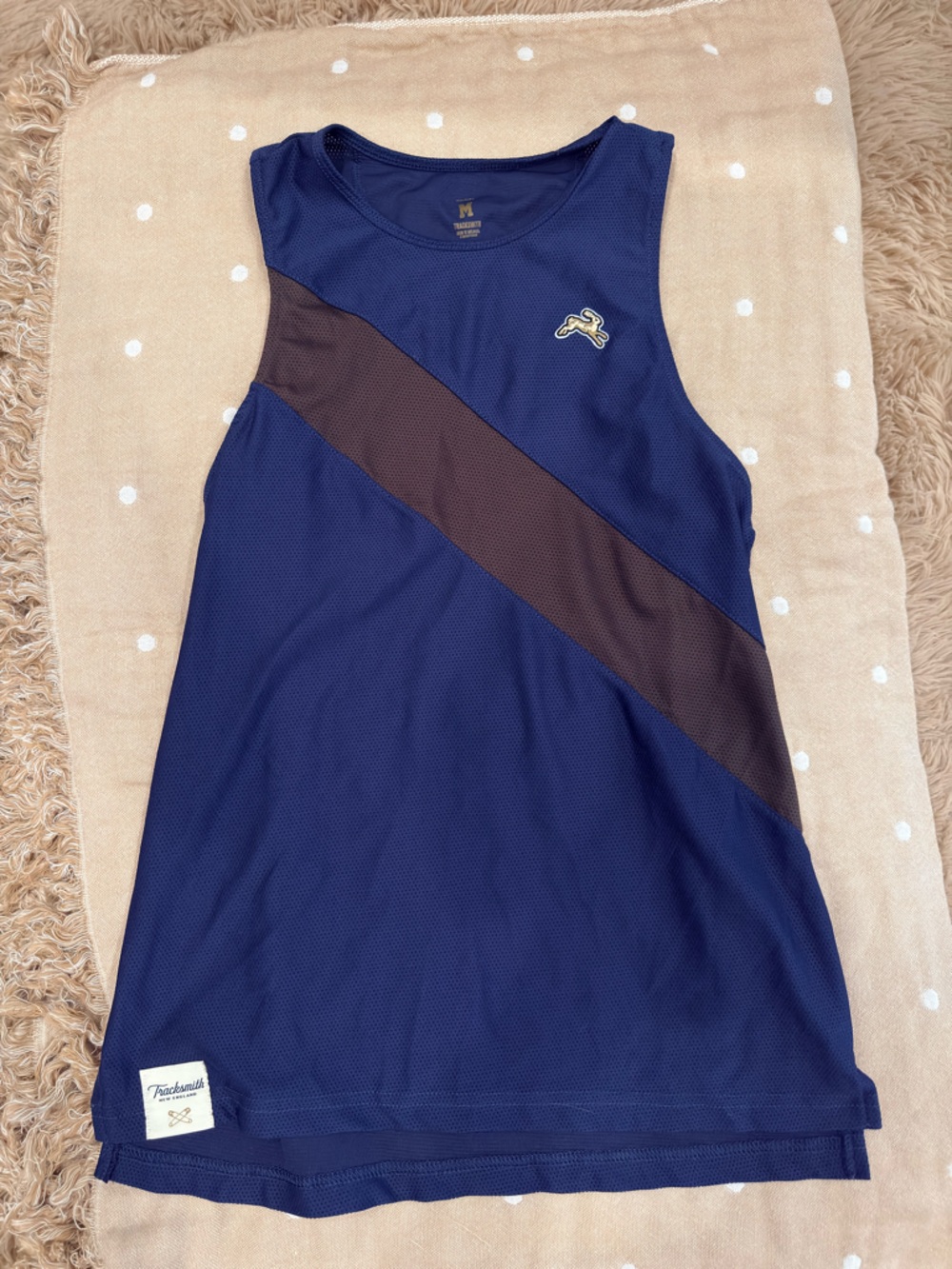 Tracksmith Navy Blue Athletic Tank with Contrast Panel and Patch Logo